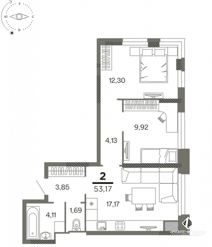 2-х комнатная квартира в новом ЖК общей площадью 53 кв.м.